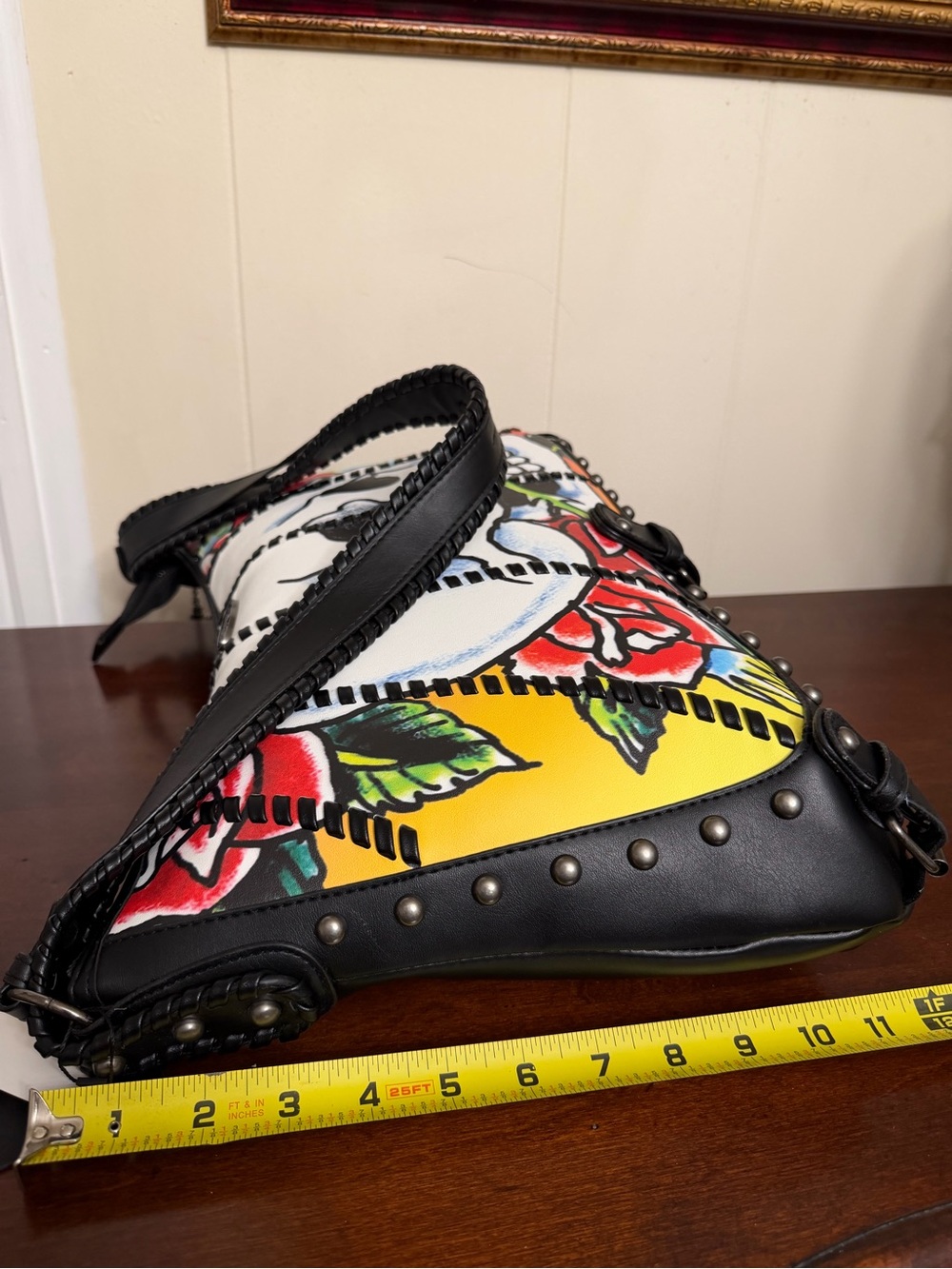Ed Hardy Graphic Print Studded faux Leather Shoulder Bag Skulls Roses NWT - Picture 12 of 16